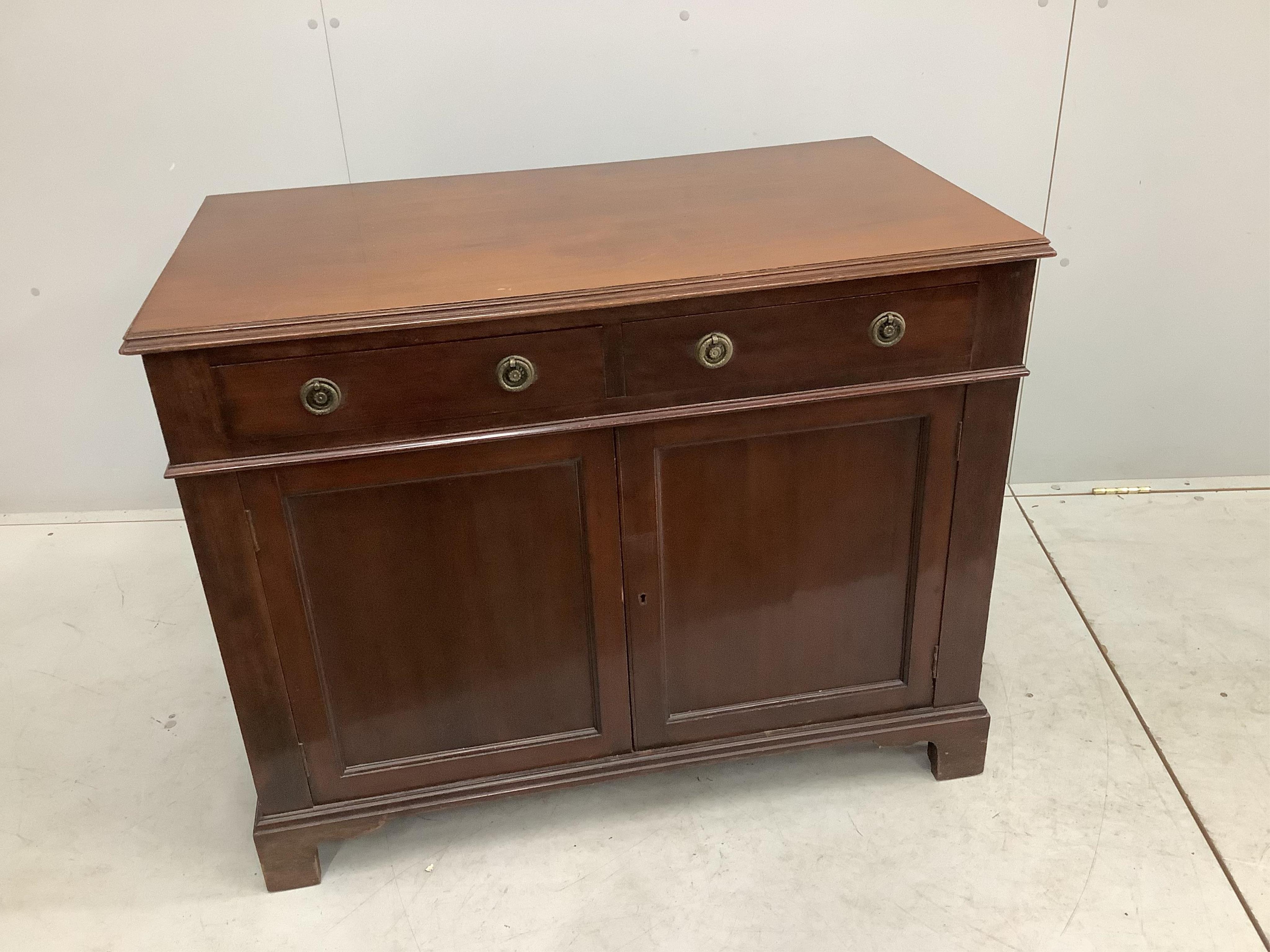 An Edwardian mahogany side cabinet, width 95cm, depth 53cm, height 76cm. Condition - fair